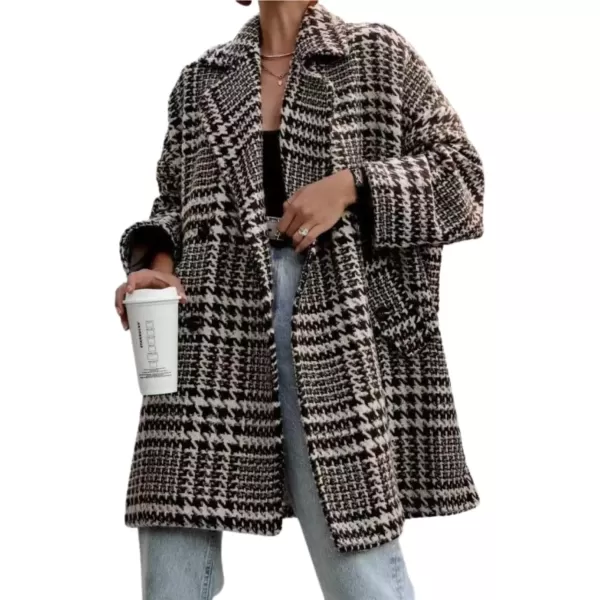 imagechouyatou Women Winter Houndstooth Wool Blend Coat Notch Lapel Loose Warm Mid Long Double Breasted PeacoatDark Apricot