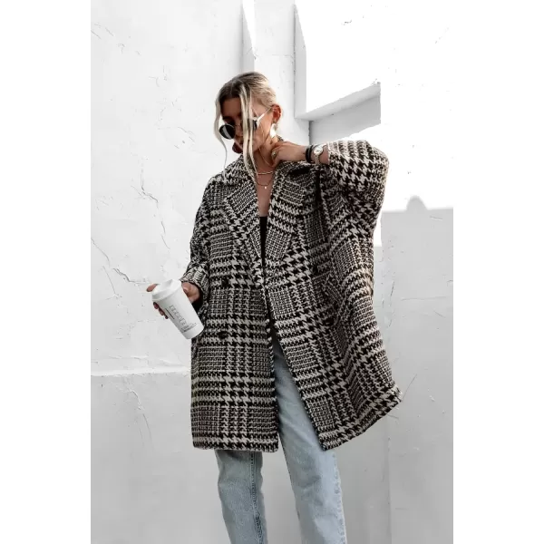 imagechouyatou Women Winter Houndstooth Wool Blend Coat Notch Lapel Loose Warm Mid Long Double Breasted PeacoatDark Apricot