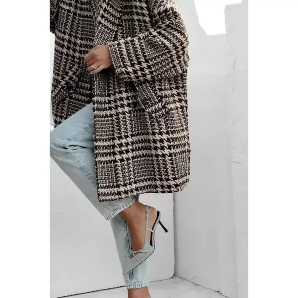 imagechouyatou Women Winter Houndstooth Wool Blend Coat Notch Lapel Loose Warm Mid Long Double Breasted PeacoatDark Apricot