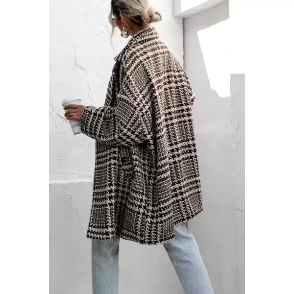 imagechouyatou Women Winter Houndstooth Wool Blend Coat Notch Lapel Loose Warm Mid Long Double Breasted PeacoatDark Apricot