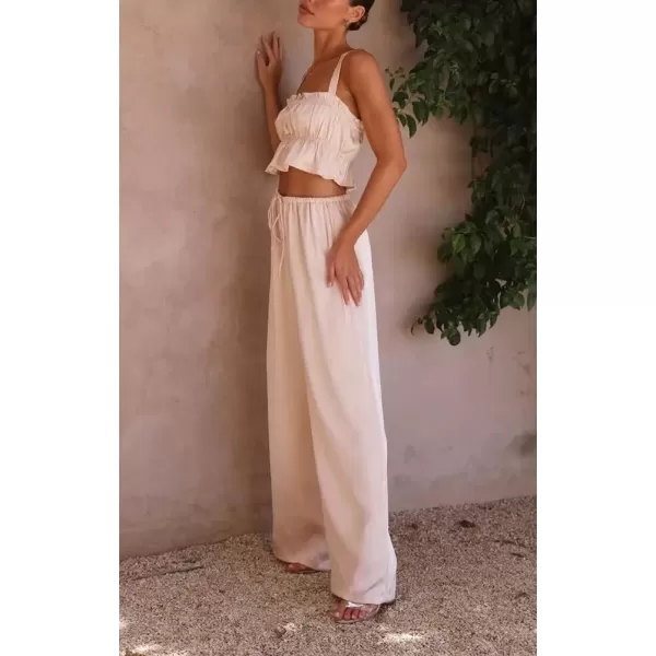 imagechouyatou Womens 2 Piece Outfit Spaghetti Strap Crop Top and Elastic Waist Wide leg Palazzo Pants SetApricot