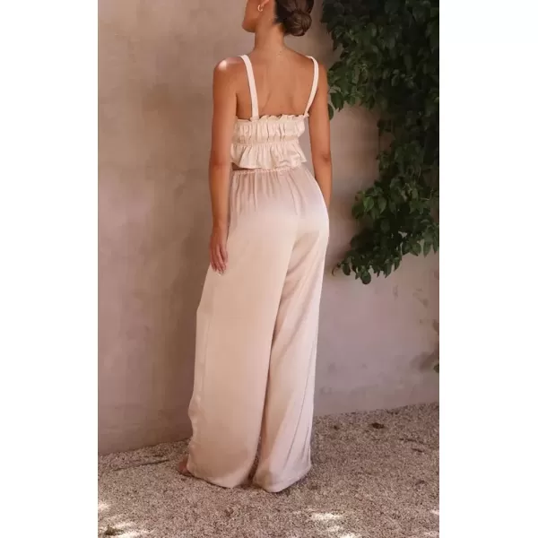 imagechouyatou Womens 2 Piece Outfit Spaghetti Strap Crop Top and Elastic Waist Wide leg Palazzo Pants SetApricot