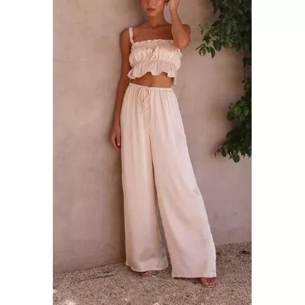 imagechouyatou Womens 2 Piece Outfit Spaghetti Strap Crop Top and Elastic Waist Wide leg Palazzo Pants SetApricot