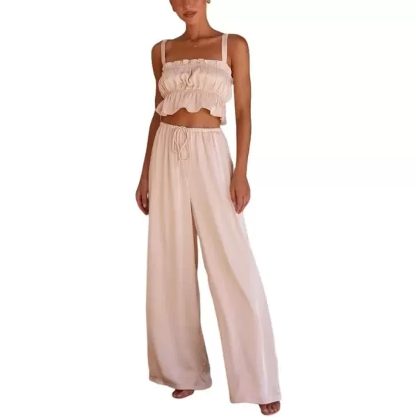 imagechouyatou Womens 2 Piece Outfit Spaghetti Strap Crop Top and Elastic Waist Wide leg Palazzo Pants SetApricot