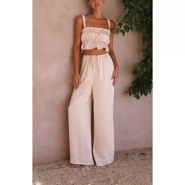 imagechouyatou Womens 2 Piece Outfit Spaghetti Strap Crop Top and Elastic Waist Wide leg Palazzo Pants SetApricot