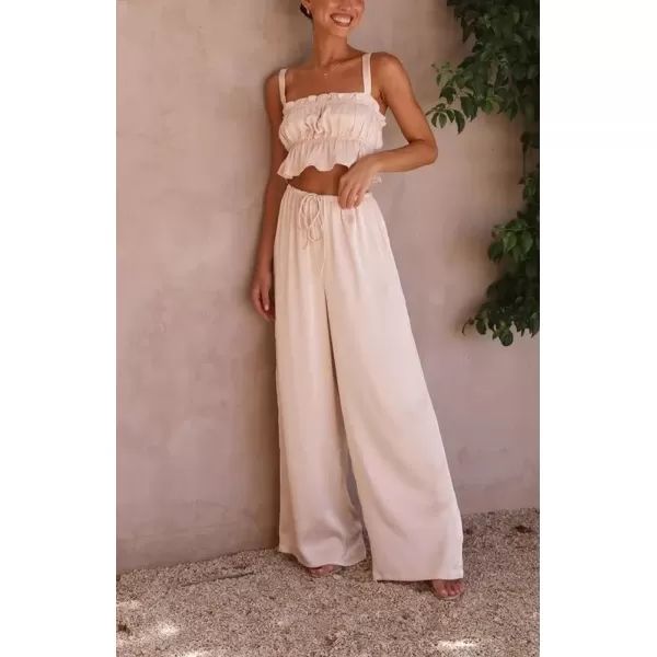 imagechouyatou Womens 2 Piece Outfit Spaghetti Strap Crop Top and Elastic Waist Wide leg Palazzo Pants SetApricot