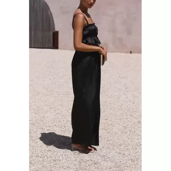 imagechouyatou Womens 2 Piece Outfit Spaghetti Strap Crop Top and Elastic Waist Wide leg Palazzo Pants SetBlack
