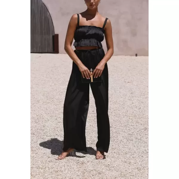 imagechouyatou Womens 2 Piece Outfit Spaghetti Strap Crop Top and Elastic Waist Wide leg Palazzo Pants SetBlack