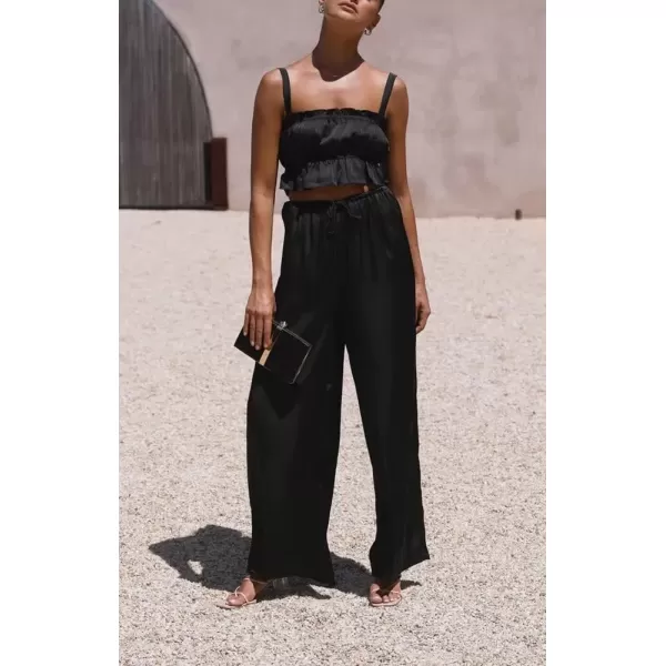 imagechouyatou Womens 2 Piece Outfit Spaghetti Strap Crop Top and Elastic Waist Wide leg Palazzo Pants SetBlack