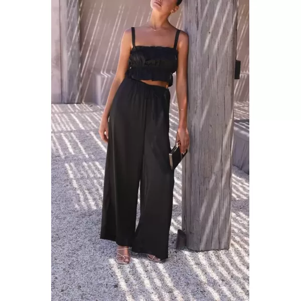 imagechouyatou Womens 2 Piece Outfit Spaghetti Strap Crop Top and Elastic Waist Wide leg Palazzo Pants SetBlack