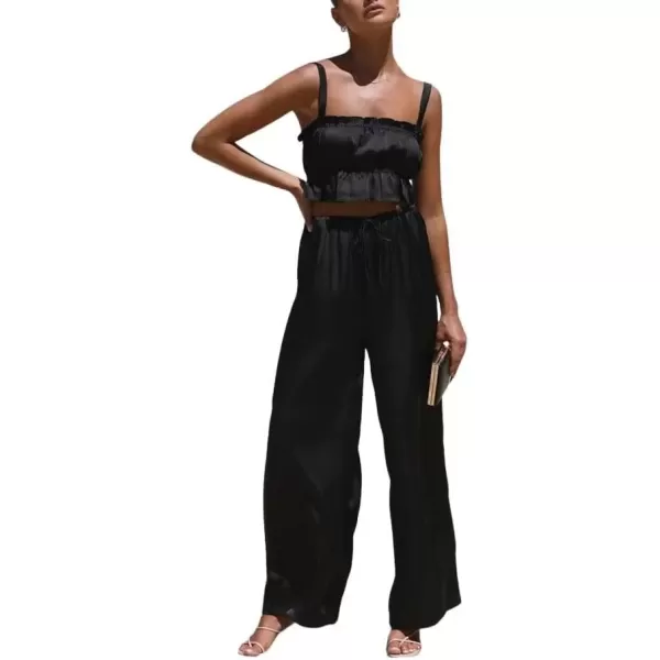 imagechouyatou Womens 2 Piece Outfit Spaghetti Strap Crop Top and Elastic Waist Wide leg Palazzo Pants SetBlack