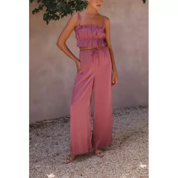 imagechouyatou Womens 2 Piece Outfit Spaghetti Strap Crop Top and Elastic Waist Wide leg Palazzo Pants SetDark Pink