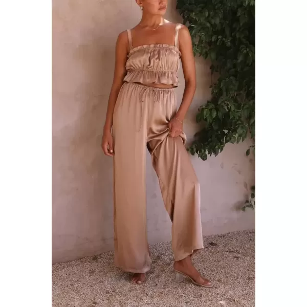 imagechouyatou Womens 2 Piece Outfit Spaghetti Strap Crop Top and Elastic Waist Wide leg Palazzo Pants SetKhaki