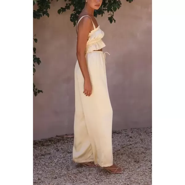 imagechouyatou Womens 2 Piece Outfit Spaghetti Strap Crop Top and Elastic Waist Wide leg Palazzo Pants SetLight Yellow