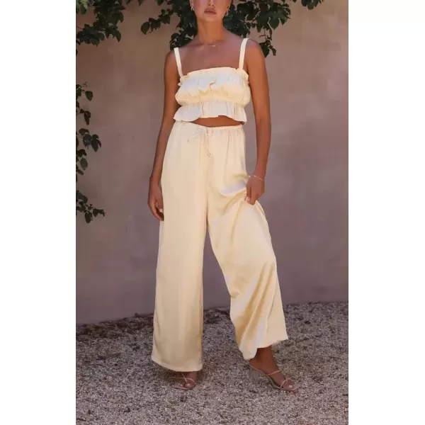 imagechouyatou Womens 2 Piece Outfit Spaghetti Strap Crop Top and Elastic Waist Wide leg Palazzo Pants SetLight Yellow