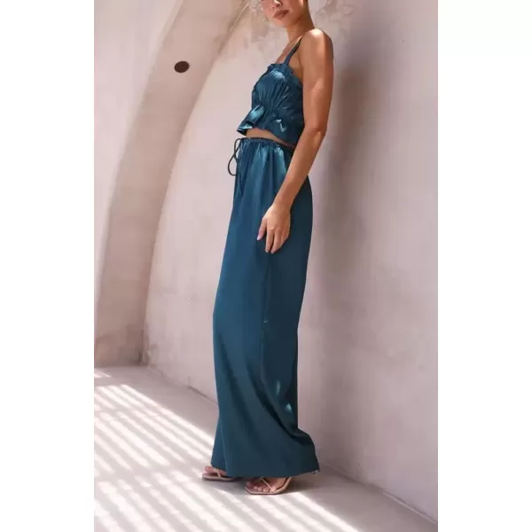 imagechouyatou Womens 2 Piece Outfit Spaghetti Strap Crop Top and Elastic Waist Wide leg Palazzo Pants SetNavy