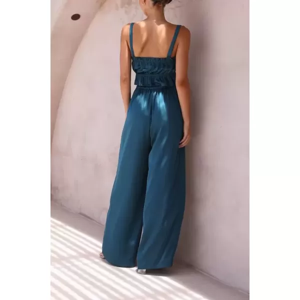 imagechouyatou Womens 2 Piece Outfit Spaghetti Strap Crop Top and Elastic Waist Wide leg Palazzo Pants SetNavy