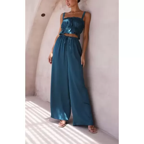 imagechouyatou Womens 2 Piece Outfit Spaghetti Strap Crop Top and Elastic Waist Wide leg Palazzo Pants SetNavy