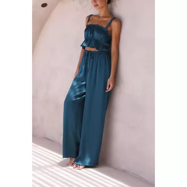 imagechouyatou Womens 2 Piece Outfit Spaghetti Strap Crop Top and Elastic Waist Wide leg Palazzo Pants SetNavy