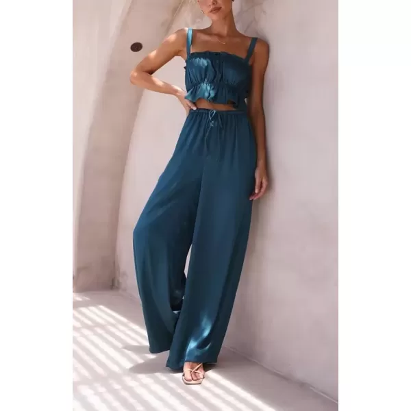 imagechouyatou Womens 2 Piece Outfit Spaghetti Strap Crop Top and Elastic Waist Wide leg Palazzo Pants SetNavy