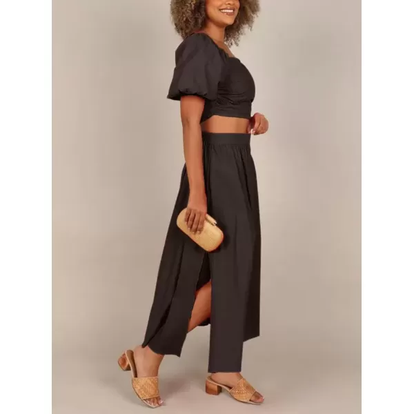 imagechouyatou Womens 2 Piece Outfits Puff Sleeve Smocked Crop Top and High Waist Side Slit Swing Long Skirt SetBlack