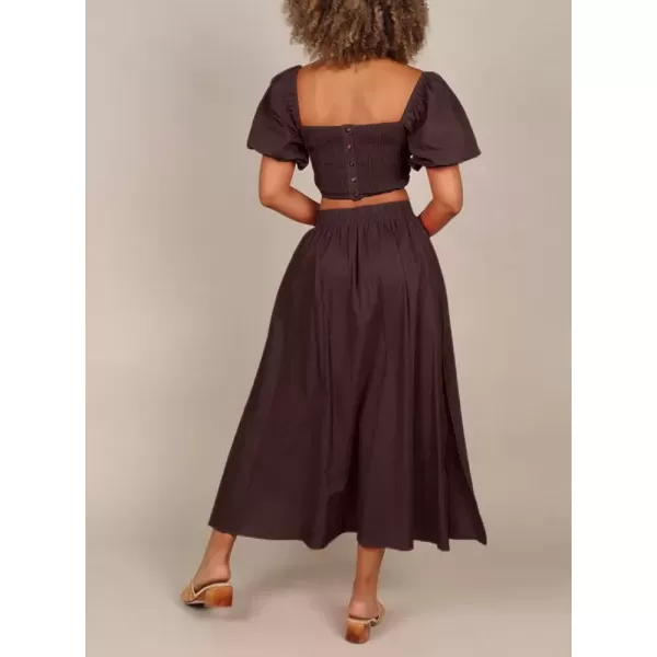 imagechouyatou Womens 2 Piece Outfits Puff Sleeve Smocked Crop Top and High Waist Side Slit Swing Long Skirt SetBlack