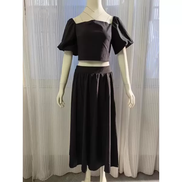 imagechouyatou Womens 2 Piece Outfits Puff Sleeve Smocked Crop Top and High Waist Side Slit Swing Long Skirt SetBlack