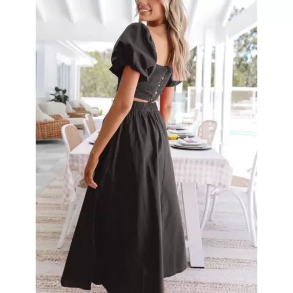 imagechouyatou Womens 2 Piece Outfits Puff Sleeve Smocked Crop Top and High Waist Side Slit Swing Long Skirt SetBlack