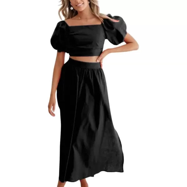 imagechouyatou Womens 2 Piece Outfits Puff Sleeve Smocked Crop Top and High Waist Side Slit Swing Long Skirt SetBlack