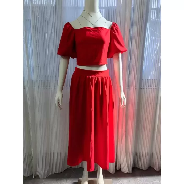 imagechouyatou Womens 2 Piece Outfits Puff Sleeve Smocked Crop Top and High Waist Side Slit Swing Long Skirt SetRed