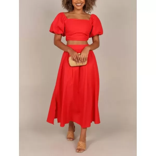 imagechouyatou Womens 2 Piece Outfits Puff Sleeve Smocked Crop Top and High Waist Side Slit Swing Long Skirt SetRed