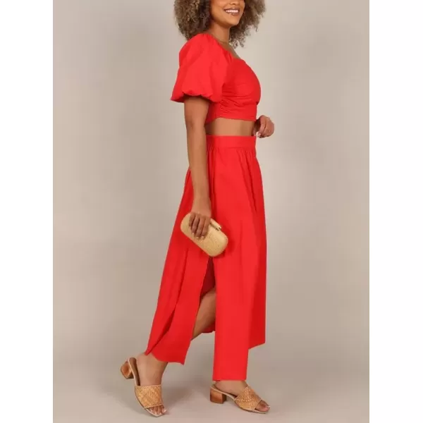 imagechouyatou Womens 2 Piece Outfits Puff Sleeve Smocked Crop Top and High Waist Side Slit Swing Long Skirt SetRed