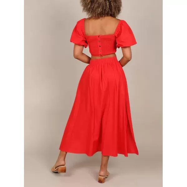imagechouyatou Womens 2 Piece Outfits Puff Sleeve Smocked Crop Top and High Waist Side Slit Swing Long Skirt SetRed