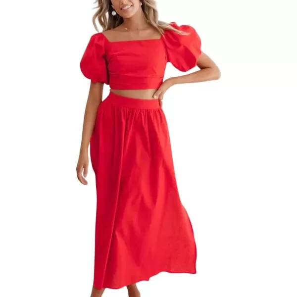 imagechouyatou Womens 2 Piece Outfits Puff Sleeve Smocked Crop Top and High Waist Side Slit Swing Long Skirt SetRed