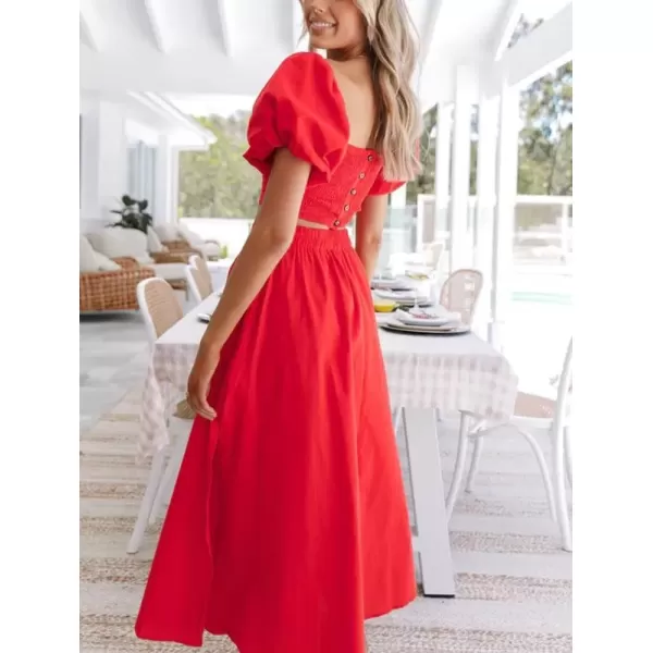 imagechouyatou Womens 2 Piece Outfits Puff Sleeve Smocked Crop Top and High Waist Side Slit Swing Long Skirt SetRed