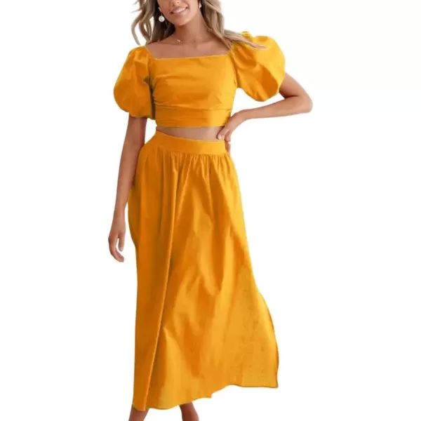 imagechouyatou Womens 2 Piece Outfits Puff Sleeve Smocked Crop Top and High Waist Side Slit Swing Long Skirt SetYellow