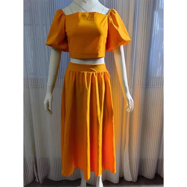 imagechouyatou Womens 2 Piece Outfits Puff Sleeve Smocked Crop Top and High Waist Side Slit Swing Long Skirt SetYellow