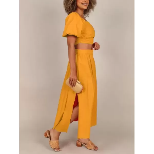 imagechouyatou Womens 2 Piece Outfits Puff Sleeve Smocked Crop Top and High Waist Side Slit Swing Long Skirt SetYellow