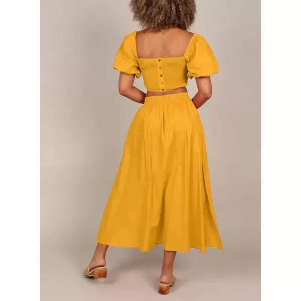 imagechouyatou Womens 2 Piece Outfits Puff Sleeve Smocked Crop Top and High Waist Side Slit Swing Long Skirt SetYellow