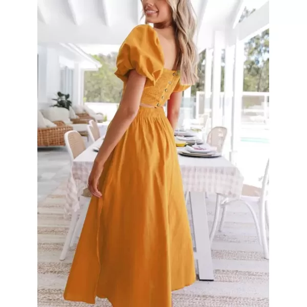 imagechouyatou Womens 2 Piece Outfits Puff Sleeve Smocked Crop Top and High Waist Side Slit Swing Long Skirt SetYellow