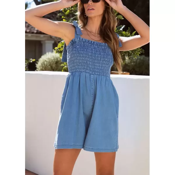 imagechouyatou Womens Adjustable Strap Shorts Romper Sleeveless Denim Jean Smocked Jumpsuit with PocketsDenim Blue