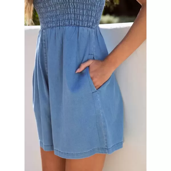 imagechouyatou Womens Adjustable Strap Shorts Romper Sleeveless Denim Jean Smocked Jumpsuit with PocketsDenim Blue