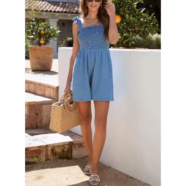 imagechouyatou Womens Adjustable Strap Shorts Romper Sleeveless Denim Jean Smocked Jumpsuit with PocketsDenim Blue