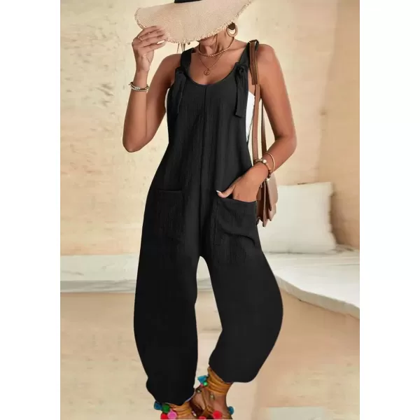 imagechouyatou Womens Adjustable Straps Sleeveless Rompers Summer Casual Loose Jumpsuit Overalls PantBlack