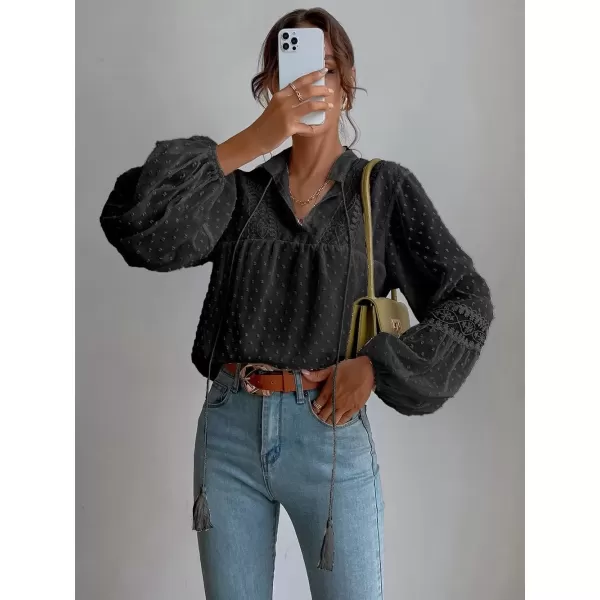 imagechouyatou Womens Bishop Sleeve Chiffon Blouse Top Dressy Casual Polka Dot Pom Pom ShirtBlack