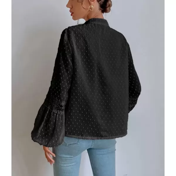 imagechouyatou Womens Bishop Sleeve Chiffon Blouse Top Dressy Casual Polka Dot Pom Pom ShirtBlack