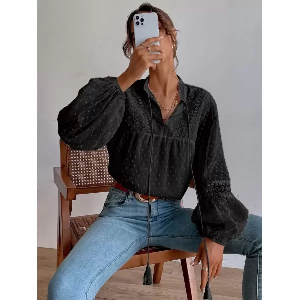 imagechouyatou Womens Bishop Sleeve Chiffon Blouse Top Dressy Casual Polka Dot Pom Pom ShirtBlack