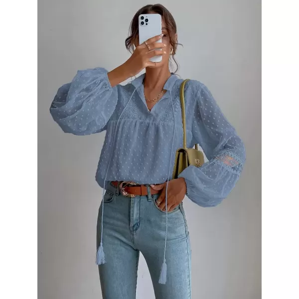 imagechouyatou Womens Bishop Sleeve Chiffon Blouse Top Dressy Casual Polka Dot Pom Pom ShirtBlue