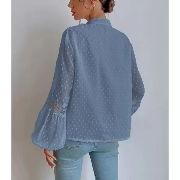 imagechouyatou Womens Bishop Sleeve Chiffon Blouse Top Dressy Casual Polka Dot Pom Pom ShirtBlue