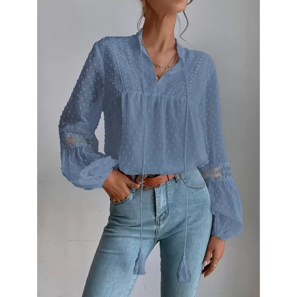 imagechouyatou Womens Bishop Sleeve Chiffon Blouse Top Dressy Casual Polka Dot Pom Pom ShirtBlue